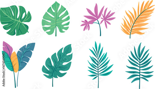 Vibrant collection of diverse tropical leaves and flowers in a whimsical artistic illustration style