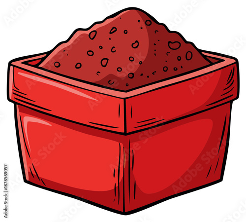 Vibrant red cartoon planter pot overflowing with dark granular soil, ready for gardening