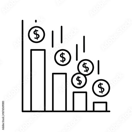 Financial Decline Graphic: Illustrating economic downturn and loss, depicting the fall in currency and market instability. 