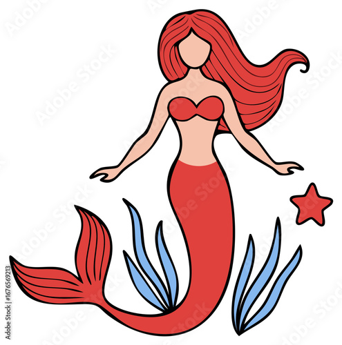 Red Haired Mermaid Illustration with Starfish and Aquatic Plants on White