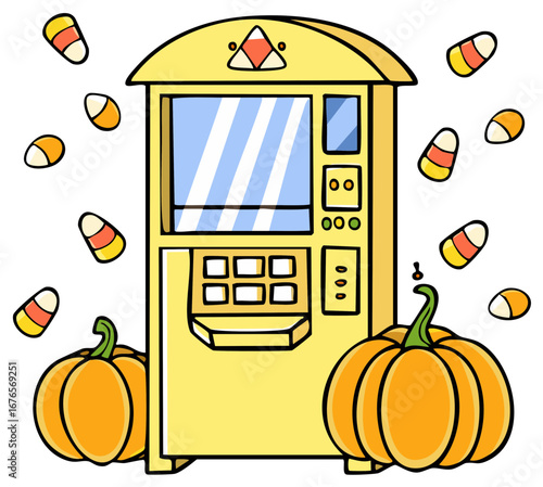 Cartoon vending machine with pumpkins and candy corn Halloween theme