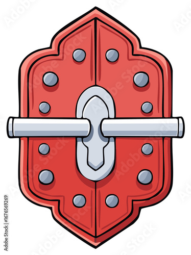 Vintage red shield with ornate metallic latch and rivets