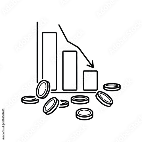 Economic Decline: A stark illustration of economic downturn with a downward trend graph and scattered coins, representing financial instability and the erosion of value.