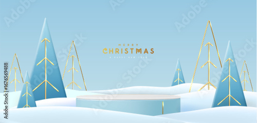 Holiday Christmas showcase blue background with snow, 3d podium and Christmas trees. Abstract minimal scene. Vector illustration