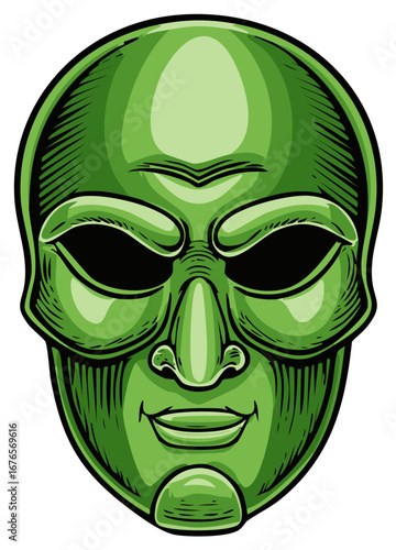 Stylized Green Stone Mask with Intricate Details for Cultural or Theatrical Themes