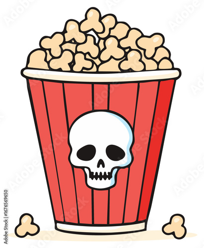 Cartoon bucket filled with popcorn featuring a skull symbol indicating danger or a spooky movie theme