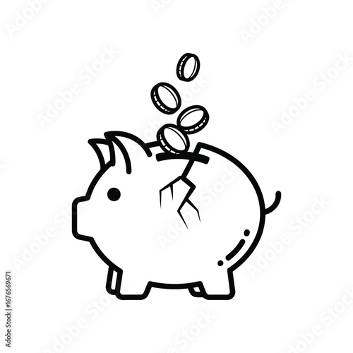 Broken Piggy Bank and Coins: A simple, line-drawn depiction of a piggy bank, with a cracked side as coins fall into the opening, it is a visual metaphor of saving or losing money.