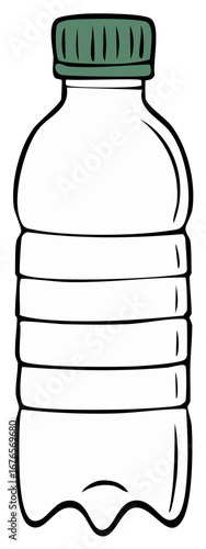 Cartoon style plastic water bottle with green cap. Reusable water container, water supply.