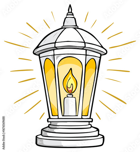 Cartoon illustration of a lit lantern with a flame radiating light.
