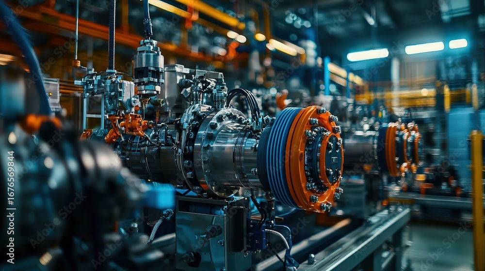 Fototapeta premium Industrial engine production process factory setting high-tech machinery dynamic environment close-up view engineering innovation