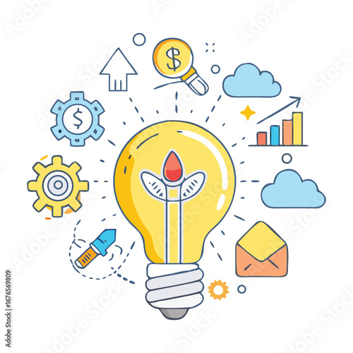 "Startup & Innovation Concept Illustration – Light Bulb with Business Icons"
