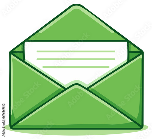 Open green envelope illustration with a blank white letter inside, email message in vector style
