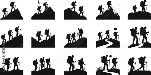 Hiking silhouettes, trekking illustration, mountain climbing, outdoor adventure, backpack journey, wilderness exploration, camping travel, hiking vector, nature activity, adventure sport