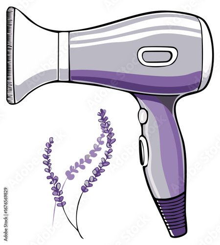 Purple and silver hair dryer with lavender sprigs illustration