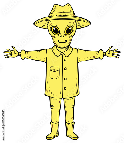 Cartoon Alien in Hat, Coat and Boots with Open Arms, Extraterrestrial Being, Illustration