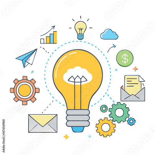 "Startup & Innovation Concept Illustration – Light Bulb with Business Icons"