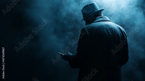 Man with hat trench coat holding phone in smoky dark scene