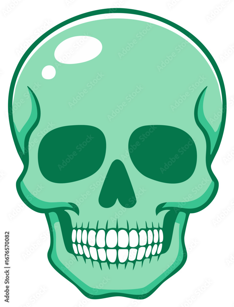 Fototapeta premium Stylized Green Human Skull Vector Illustration with Glossy Forehead and Prominent White Teeth