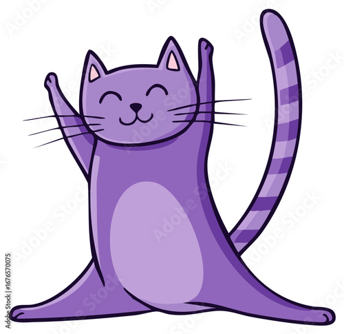 Cartoon illustration of a smiling purple cat with raised paws