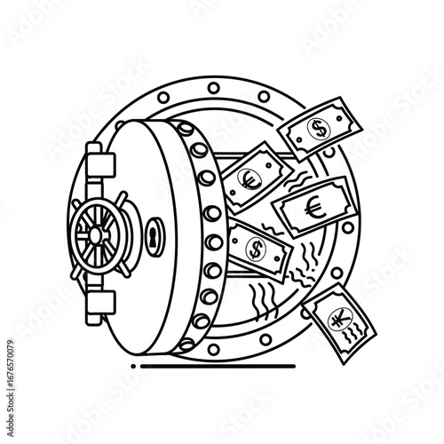 Financial Fortress: A graphic illustration of a vault door, symbolizing security, overflowing with currency notes representing wealth and financial prosperity.