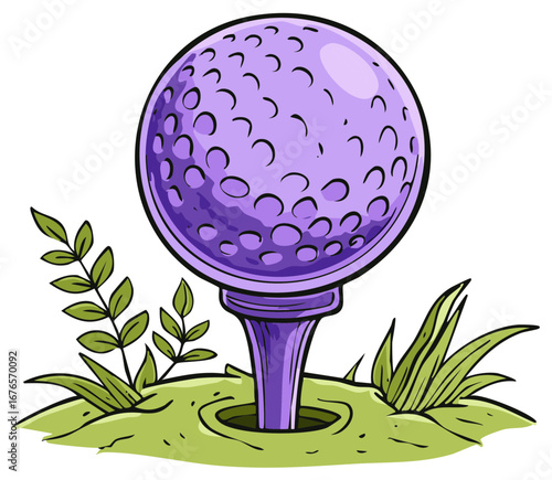 Cartoon golf ball on tee with green grass and sprigs illustration.