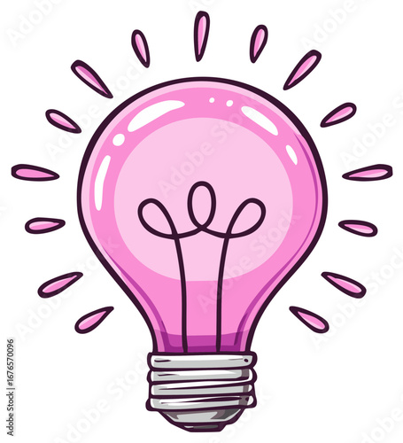 Cartoon illustration of pink light bulb, representing idea, creativity, and innovation.
