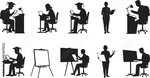 Student silhouettes studying, reading, and learning at desks, computers, and boards in classroom and educational environments, ideal for academic concepts