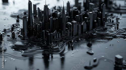 Monochrome model city on layered platform glossy with varying skyscraper heights