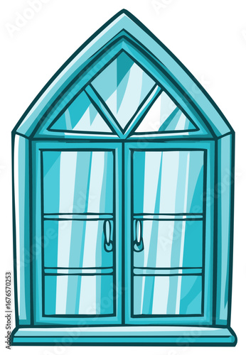 Stylish Window with Blue Frame in Cartoon Style and Triangle Top, Door Handles, and Transparency
