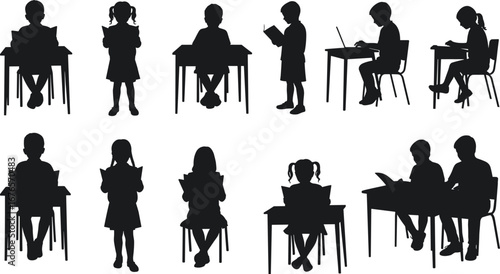 Silhouettes of students reading, studying, learning in classroom, sitting at desks, using laptop, engaging in educational activities, isolated on white background
