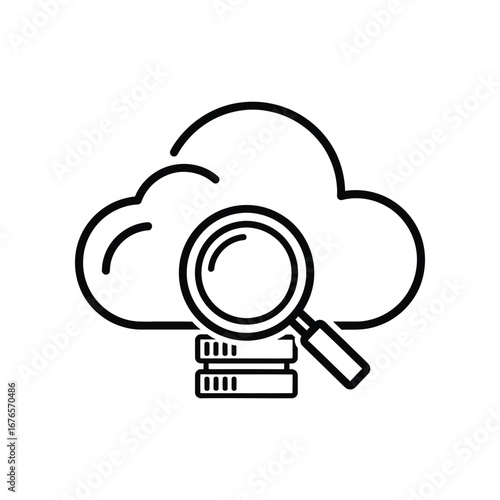 Cloud Data Analysis: A meticulously crafted black outline illustration showcases a cloud computing symbol alongside a magnifying glass, symbolizing thorough analysis and examination of data.