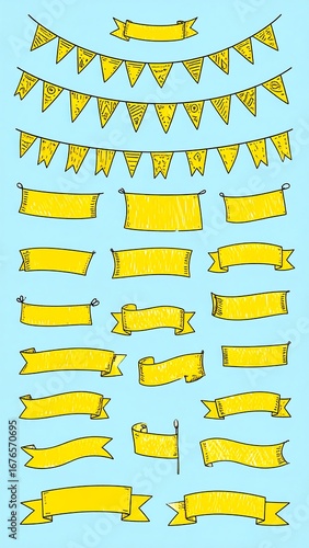 Collection of yellow banners and flags on light blue background