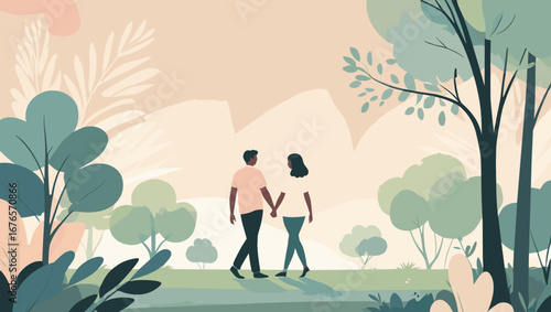 Couple walking hand in hand in a peaceful park surrounded by greenery
