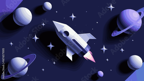 Rocket launching into space surrounded by planets and stars in a creative 3D design