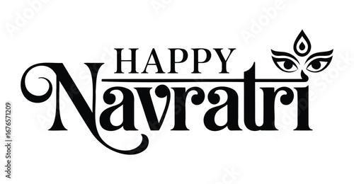Stylized “Happy Navratri” text with decorative font and divine eye-flame symbol, celebrating Hindu festival with spiritual and festive elements
