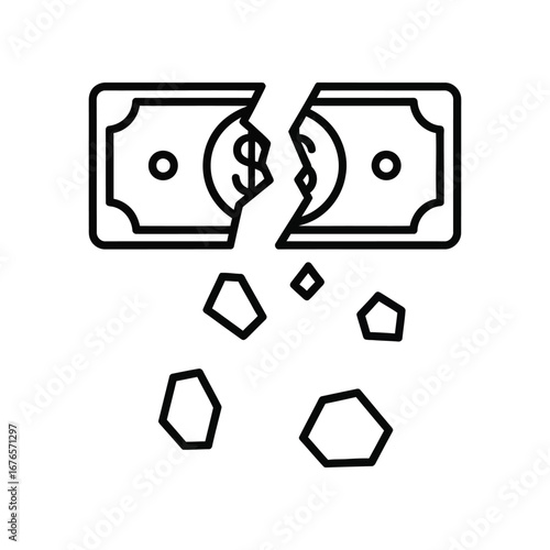 Bankruptcy Symbol: The poignant image of a fractured currency symbol. Its stark illustration captures the essence of financial ruin with simplicity and power. 