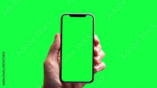 Woman hand holding phone with green screen on green chroma key background. Close up of a woman's hand holding a mobile telephone,
Young female hand touch smartphone with green screen 