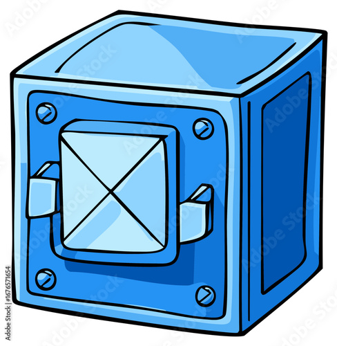 Vibrant blue cartoon strongbox illustration featuring a secure bolted door for valuable protection