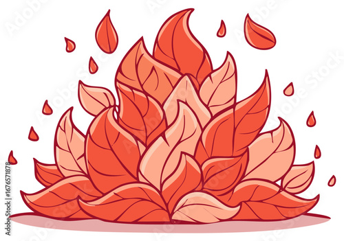 Stylized Blooming Red Leaves with Falling Dewdrops Illustration