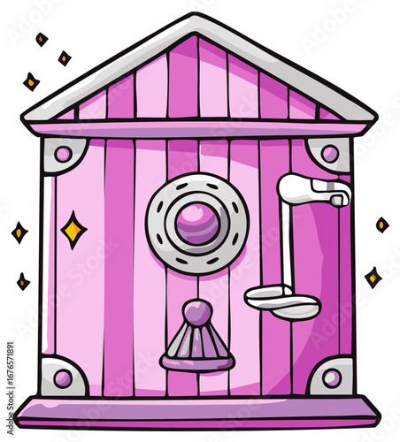 Pink beach changing room, shower stall cartoon vector illustration with shiny sparkles, wood planks, beach theme