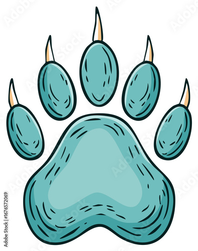 Cute turquoise animal paw print illustration with detailed claws a playful doodle style graphic design element