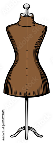 Retro brown fabric mannequin torso on silver stand with a chrome ball on top