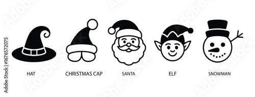 Set of black holiday character icons including witch hat, Santa cap, elf, snowman, and Santa Claus in stylized festive headwear illustrations