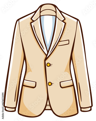 Classic tan suit jacket with lapels and pockets stylized cartoon illustration