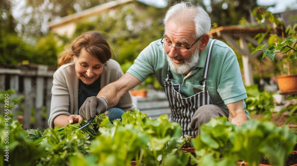 Fototapeta premium Elderly man and woman gardening together in backyard, vibrant green plants, warm morning sunlight, authentic lifestyle photography, natural smiles, DSLR photo, ultra sharp, commercial stock style.