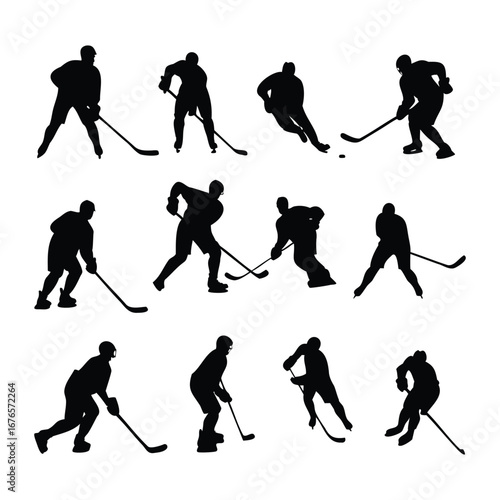 Canvas Print Silhouette Set of Ice Hockey Players in Action