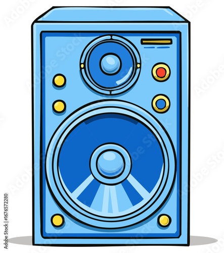 Retro Blue Speaker Sound System Illustration with Dual Woofers and Buttons for Home Audio Entertainment