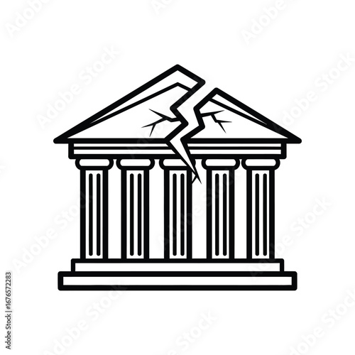 Cracked Foundation: A graphic rendering of a classical building structure, visibly fractured, symbolizing fragility and instability.