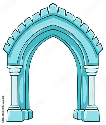 Cartoon illustration of a turquoise archway in a comic book style