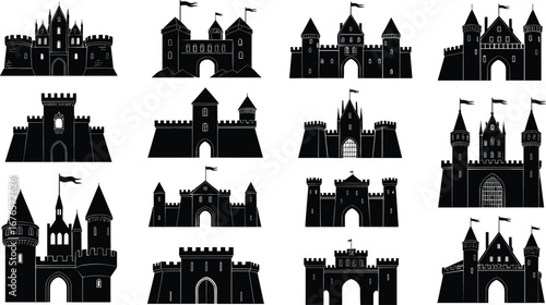 Medieval castle silhouette, fantasy fortress illustration, vintage stronghold vector, royal palace design, fairytale castle artwork, ancient fort icon, fortress symbol